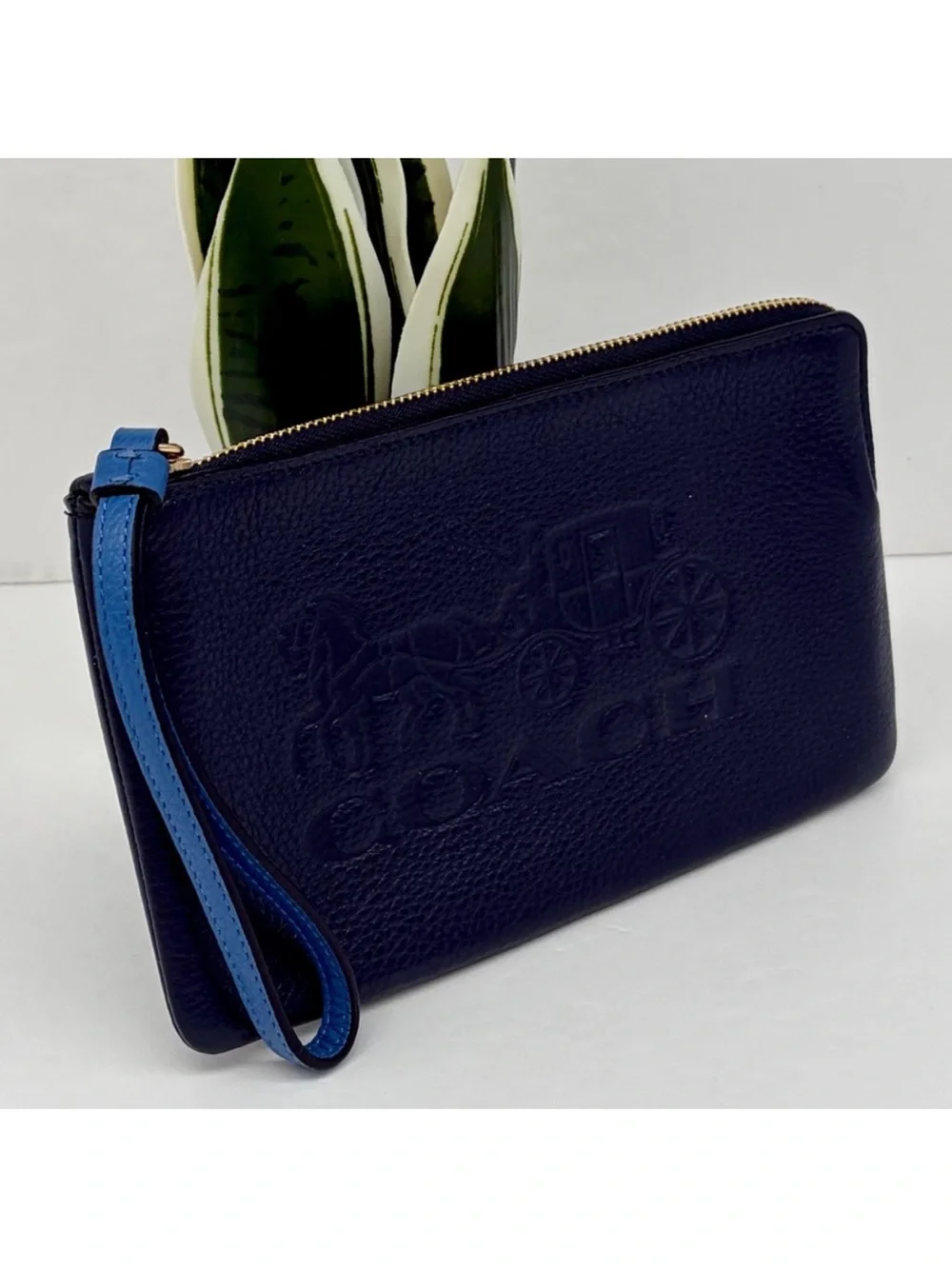Coach Large Corner Zip Wristlet Wallet With Horse And Carriage Navy